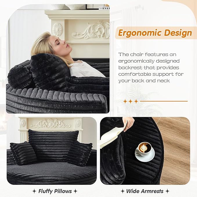 55"W Oversized Round Chair Lounge Chaise Indoor, Upholstered Comfy Circle Sofa Armchair, Modern Cozy Boneless Foam Floor Reading Chair for Living Room, Bedroom, No Assembly Required(Corduroy, Black)