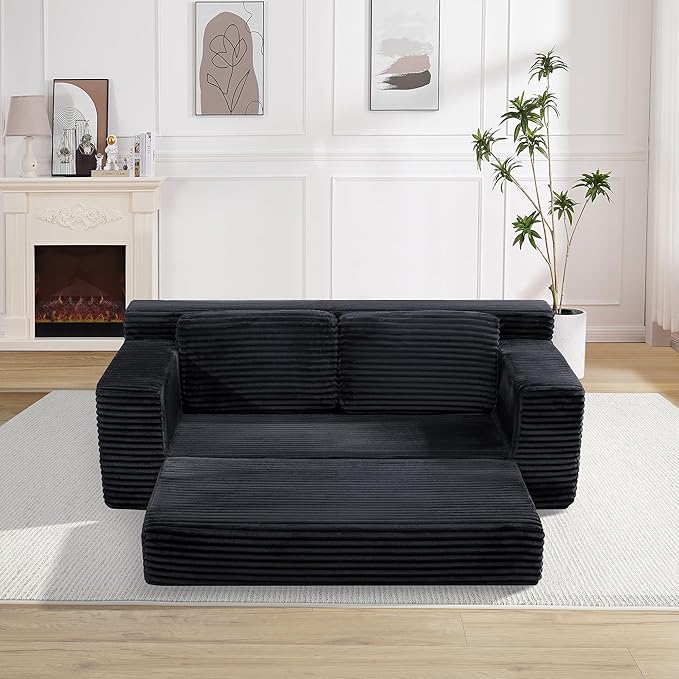 Loveseat Cloud Boneless Couch, Upholstered Floor Sofa with Armrests, 2-in-1 Convertible Corduroy Couch Bed for Living Room, Apartment, Black