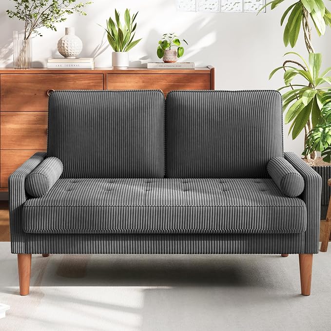 Loveseat Sofa with Solid Wood Legs,48" Small Corduroy Couches for Small Spaces, Mid Century Modern Love Seat for Living Room, Bedroom, Easy Assembly with Throw Pillow, Grey