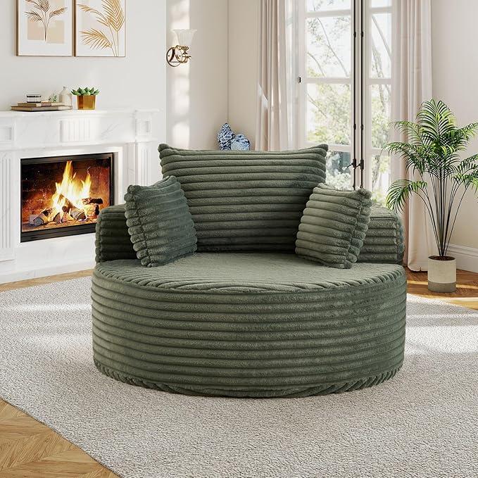 50"W Oversized Round Chaise Lounge Chair Indoor, Upholstered Corduroy Deep Seat Cloud Circle Sofa Chair, Modern Fluffy Comfy Floor Reading Armchair for Living Room, Bedroom, No Assembly Required,Green