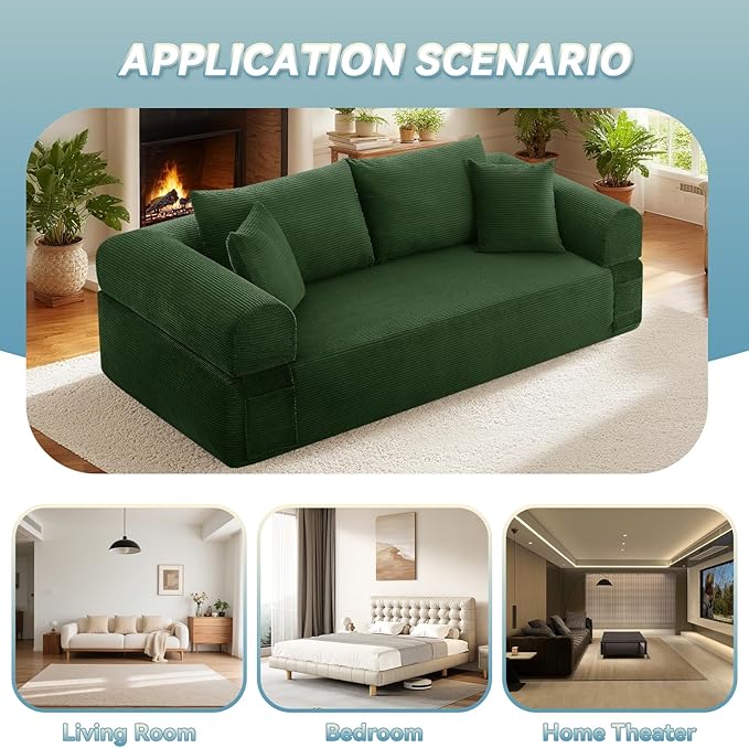 GJQ 83" Boneless Couch for Living Room,Corduroy 3 Seater Sofa in a Box with 4 Pillows & Storage Pocket,No Assembly Cloud Sofa Bed Oversized Floor Sofa,Green