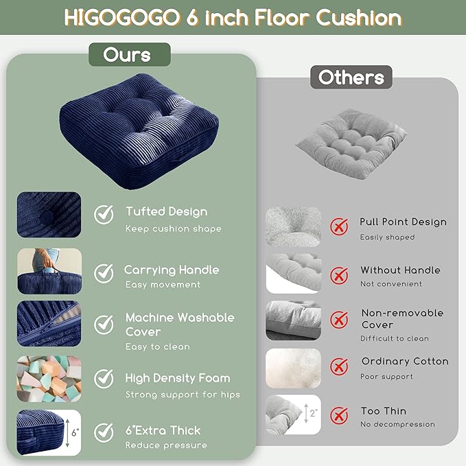 6" Washable Floor Pillow Cushion for Adults, Meditation Cushion Pillow, Large Square Floor Sitting, Removable Tufted Corduroy Cover, for Tatami Living Room or Yoga, 22x22 Inch, Machine Washable