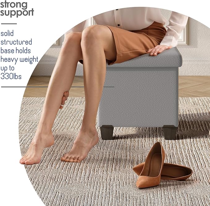 STORAGEBUD Storage Ottoman Cube with Small Bin, 16-in Square Ottoman with Storage for Living Room and Bedroom, Small Ottomans Foot Rest, Faux Leather Foot Stools Ottomans Max 330lbs, Light Grey