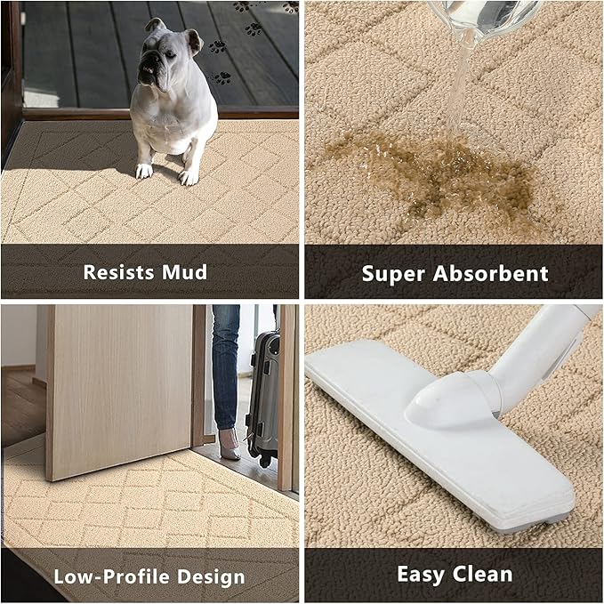 REFETONE Indoor Doormat, Front Back Door Mat 32"x48" Rubber Backing Non Slip Mats, Absorbent Washable Entrance Doormat for Entryway, Resist Dirt Low-Profile Inside Floor Mat for Muddy Shoes, Golden