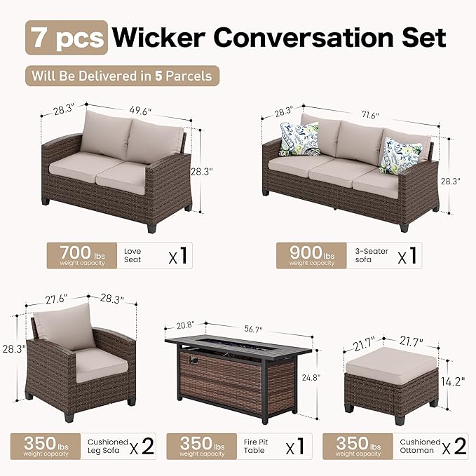 Patio Furniture Set Outdoor Furniture Brown Wicker Rattan Patio Conversation Sets with Cushion Outside Sofa Set,6 Pieces with Rectangular Firepit Table,9 Seats,Beige