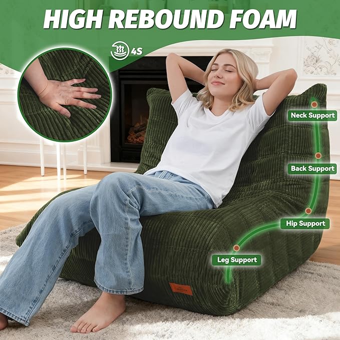 Bean Bag Chair,Giant Beanbag Chairs for Adults,Comfy Large Fireside Chair Lazy Sofa,Corduroy Bean Bag Lounger with Memory Foam Filled,Floor Sofa Couch for Home,Dorm,Living Room (Green)
