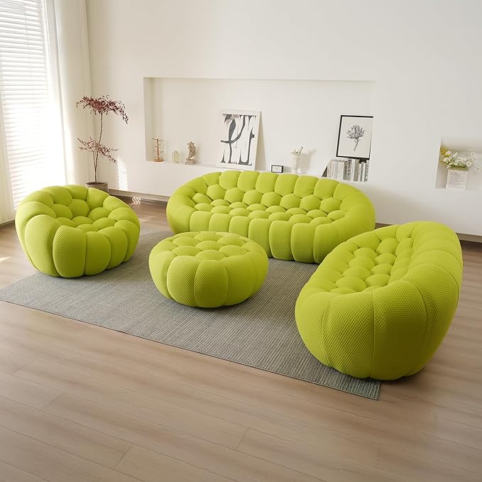 JACH Bubble Sofa Curved Couch Set, Comfy Upholstered Sofa, Mesh Fabric 3D Honeycomb Shape Modern Couches for Living Room, Apartment (Fluorescent Green, 1 Seater, 2 Seater, 3 Seater, Ottoman)