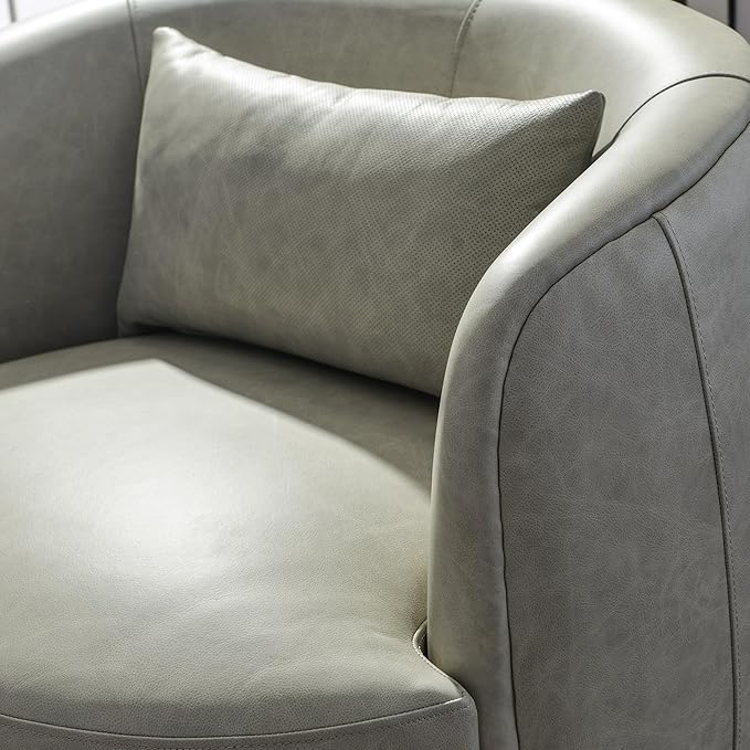 KINWELL 33'' W 100% Top Grain Genuine Leather Swivel Barrel Armchair No Assembly Round Upholstered Leather Swivel Accent Chairs with Toss Pillow for Living Room Office Lounge, Light Gray