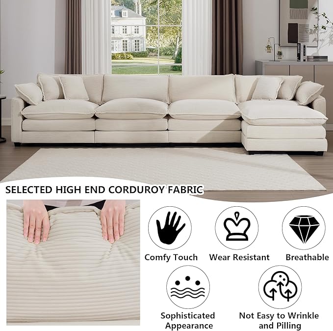 Aoowow Corduroy 4 Seater Cloud Couch with Ottoman,Modern Cloud Couches for Living Room,Modular Sectional Cloud Sofas with Deep Seat,Oversized Tufted L-Shaped Sofa Set (Beige, 4 Seater + 1 Ottoman)