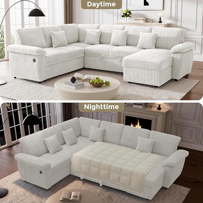 Modular Sectional Sleeper Sofa with Pull Out Bed, Storage Chaise & USB Charging, U Shaped Plush Corduroy Beige Sectional Couches for Living Room, Comfy Convertible 7 Seat Cloud Sofa Bed, Beige