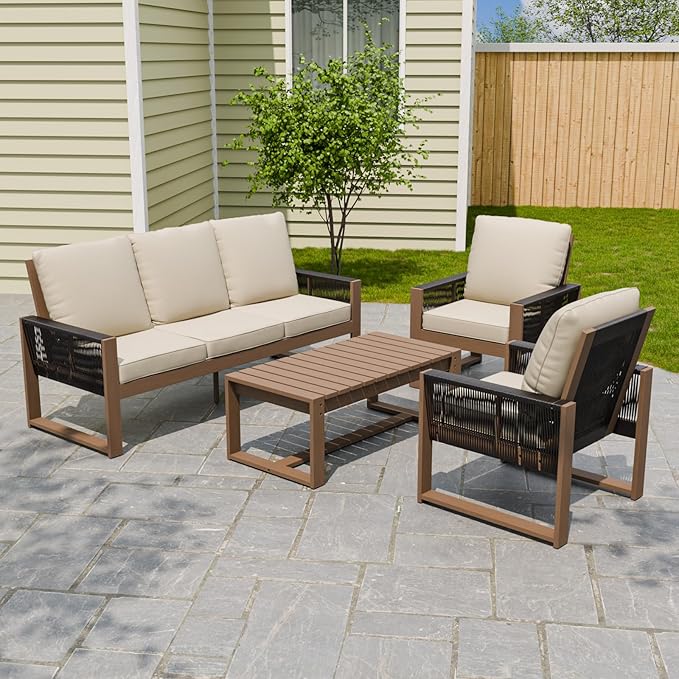 INTER HUT Rustic Hideaway Natural Cedar Wood Outdoor Furniture Set, Wicker Patio Conversation Set for Porch Garden Backyard, Couch, 2 Patio Chairs and Coffee Table, 4 Piece, Brownish/Beige