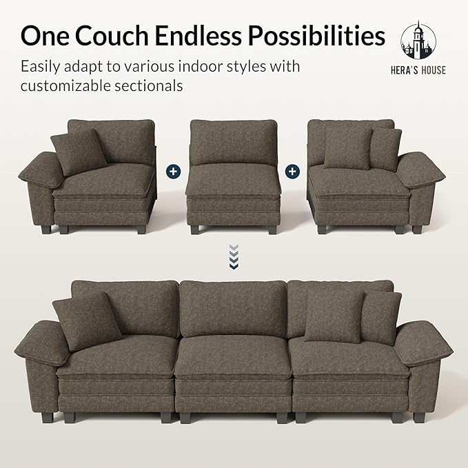 HERA'S HOUSE 124" Modular Sectional Sofa, Oversized U Shaped Couches for Living Room, Comfy Cloud Couch with Ottoman, 5-Seater Deep Seat Sofa with Throw Pillow, Chenille Ash
