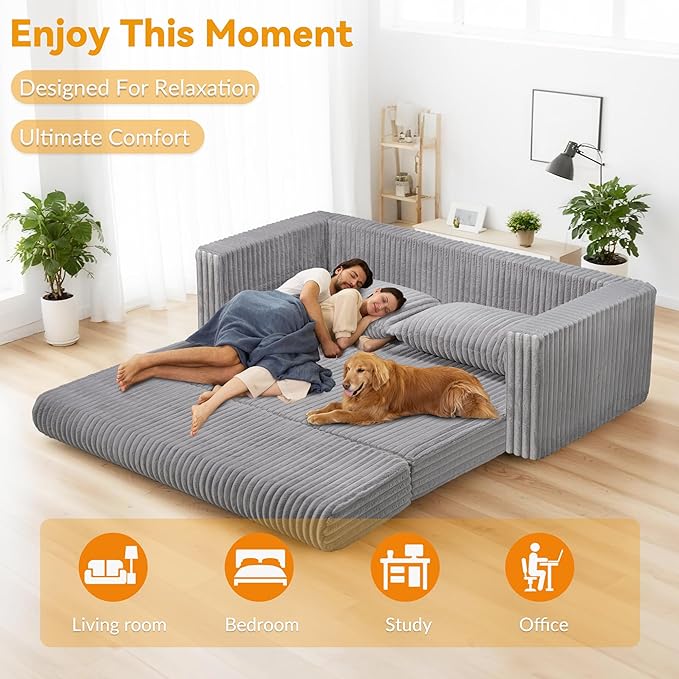 HABUTWAY Folding Sofa Bed, 2 in 1 Convertible Sleeper Chair with 2 Pillows, Portable Fold Out Chair Bed with Armrest, Comfy Floor Couch, Lazy Sofa for Living Room Bedroom Dorm Home Office, Light Grey