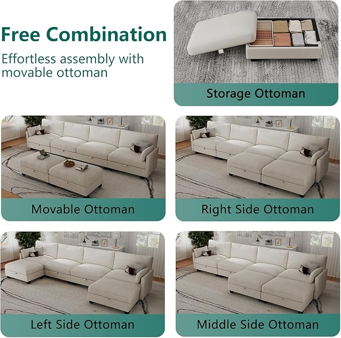 Modular Sectional U Shaped Sofa Couches for Living Room, Cloud Couch with Storage Ottoman, Comfy Chenille Sofa with Pillow, Beige