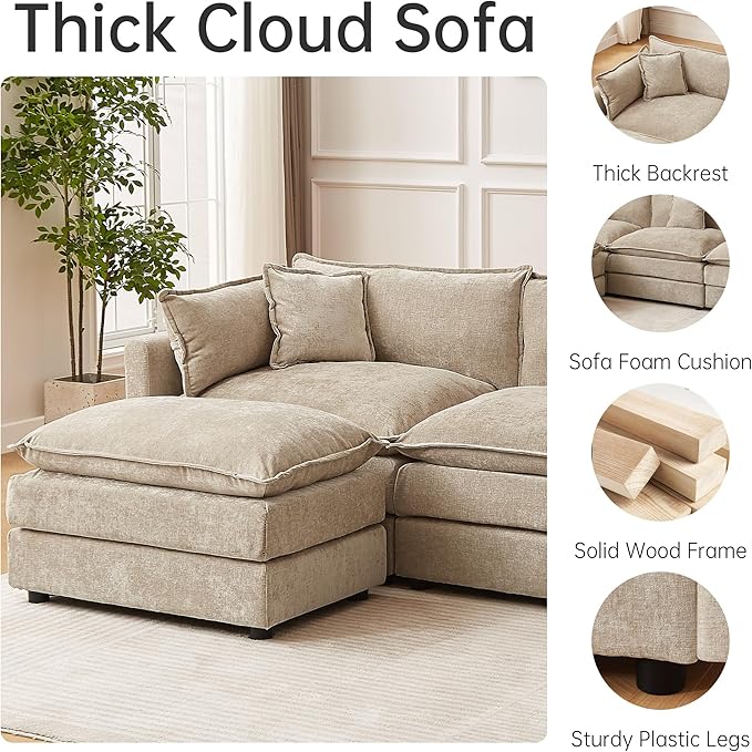 saows Modular Sectional Sofa, 147.2 Inch U Shaped Couch Set with Armrests, 4-Seater Comfy Cloud Couches with Movable Ottoman for Living Room Apartment, Coffee