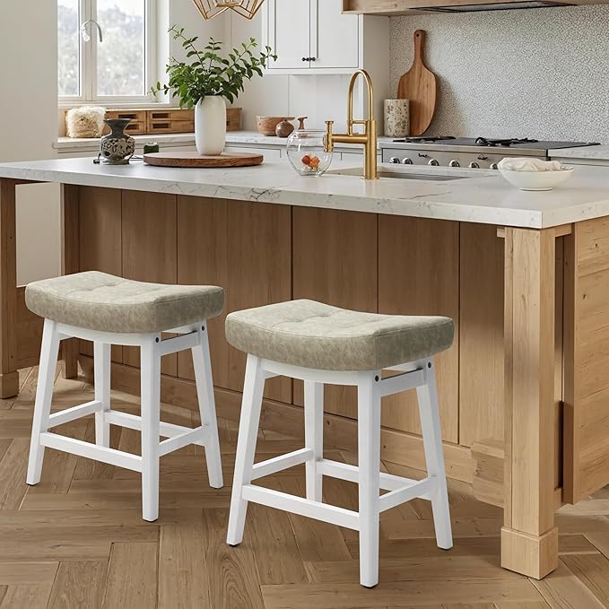 RNKSFX Counter Height Bar Stools Set of 2 for Kitchen Counter Farmhouse Modern Barstools with Faux Leather Upholstered Backless Seat and Solid Wood Legs 24 inch Bar Chairs, Light Grey + White