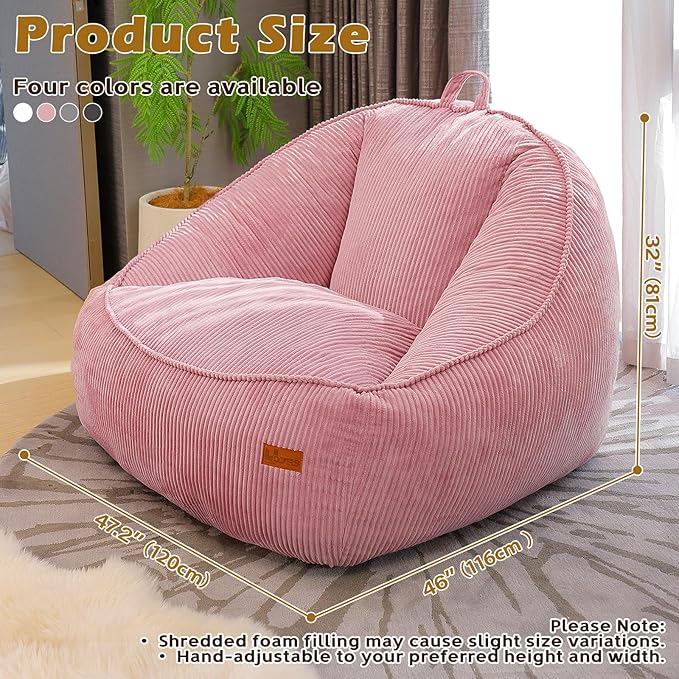 Giant Bean Bag Chair for Adults, Teens and Kids, Cozy Fluffy Corduroy Beanbag Chair with Filler, Large Floor Lounge Sofa for Living Room, Bedroom, Dorm, Gaming and Reading(L-Pink)