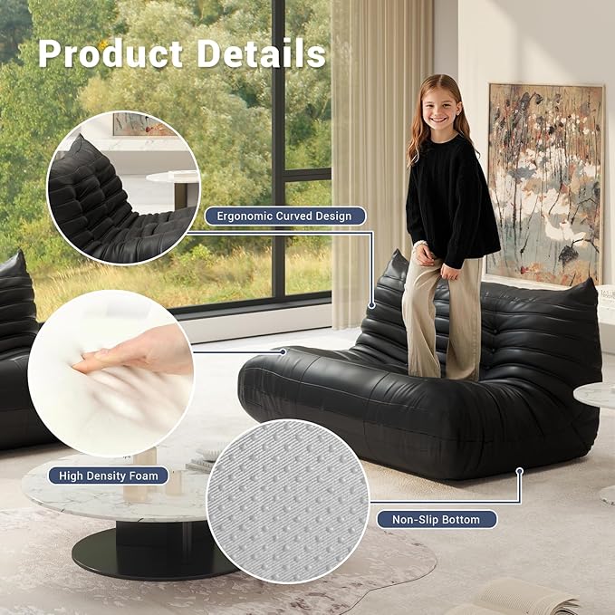 Bean Bag Chair Fireside Chair Lazy Floor Sofa, Faux Leather Giant Corner Bean Bag Sofa, High-Resilience Memory Foam Armless Foam Lounger Tatami Recliner Couch for Living Room Bedroom Dorm Office