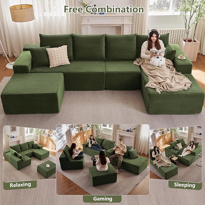 Lakifun 135" U-Shape Cloud Couch, Modern Modular Sectional Comfy L-Shape Sofa with Ottoman, Deep Seat, Upholstered Corduroy Sleeper Chaise Longue for Living Room Bedroom, No Assembly Required, Green