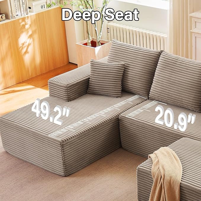 107.5" W Cloud Sectional Couch with Ottoman,Modern U-Shaped Cloud Couch with Deep Seat,Comfy Corduroy 4-Seater Sofa,Memory Foam Sofa for Living Room,No Assembly (Camel,Left-Facing Chaise)
