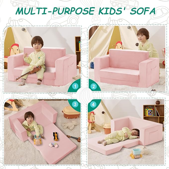 Kids Couch, 2-in-1 Toddler Chair Comfy 1-3 Years, Convertible Kids Chair, Toddler Couch That Fold Out, Kid Lounge Chairs for Boys and Girls, Soft Coral Fleece, Double, Pink