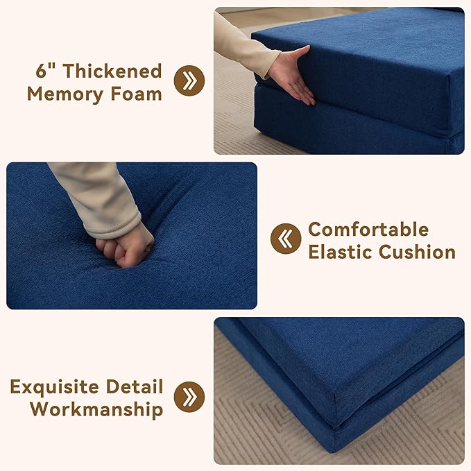 Folding Sofa Bed Convertible Floor Couch Foldable Chair Bed with Pillow，Linen Sleeper Chair Futon,Foldable Memory Foam Mattress for Bedroom/Living Room/Dorm/Office (Navy, Single)