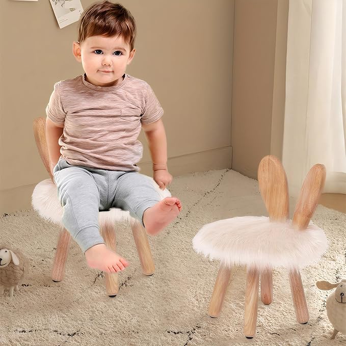 XXYOUPIN Bunny Chair for Kids 1-4 Years, Wooden Base with Removable Cushion,Anti-Tip Toddler Stool,Baby Nursery Decor Gift,Rabbit Design（1pack/Pearl White）