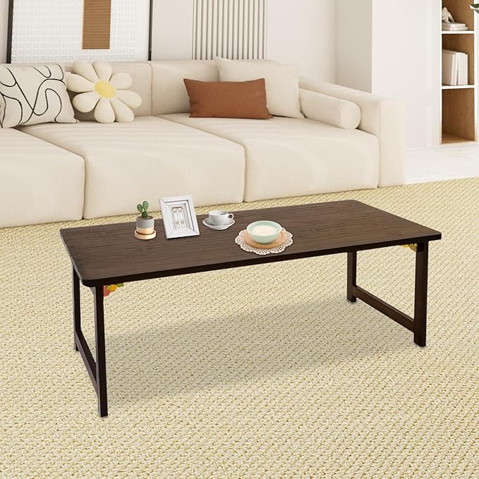 Eapmic Japanese Floor Table, Foldable Coffee Table, Low Sitting Dining Table, Tatami Tea Desk, Portable No Assembly Floor Desk for Living Room Bedroom Apartment Office Study (Walnut Color)