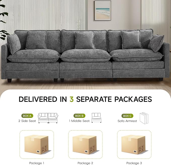 UMBFUN 3-Seater Cloud Couch, Oversized Modular Sectional Sofa with Deep Seat Soft Cushions, Comfy Chenille Couch for Living Room, Apartment & Family Space, Grey