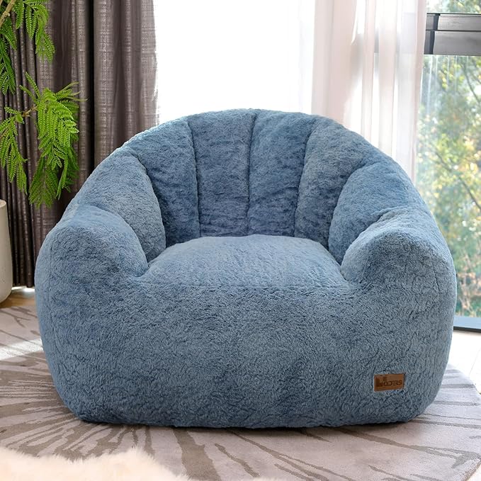 Big Bean Bag Chairs for Adults Giant Sofa with Faux Fur Shell-Shaped Beanbag Couch, Stuffed Large Bean Bag Floor Chair for Living Room, Beanbags Reading Chair for Bedroom Single Sofa(L-Blue)