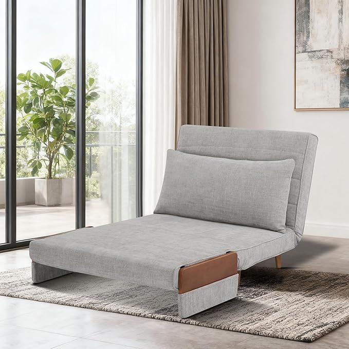 CITTANEO 42" Convertible Sleeper Chair, 3-in-1 Chair Bed Sleeper for Adults with Adjustable Backrest, Pillow & Wooden Arms, Loveseat Sofa Bed for Apartment, Office, Medium Gray