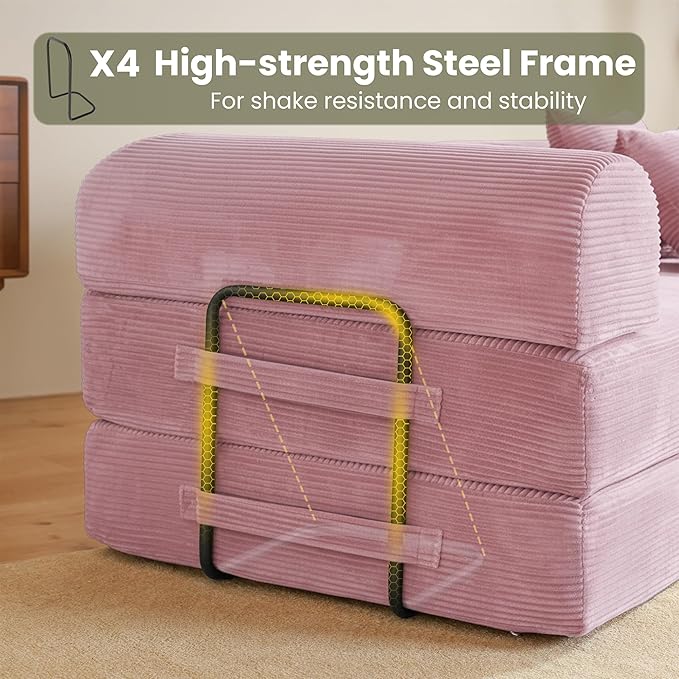 Convertible Sleeper Sofa Bed, 78" Corduroy Foldable Boneless Modular Couch, Memory Foam Compressed Sofa in A Box W/Plush Fabric Comfy Floor Lounge Couch for Living Room Apartment Bedroom, Pink