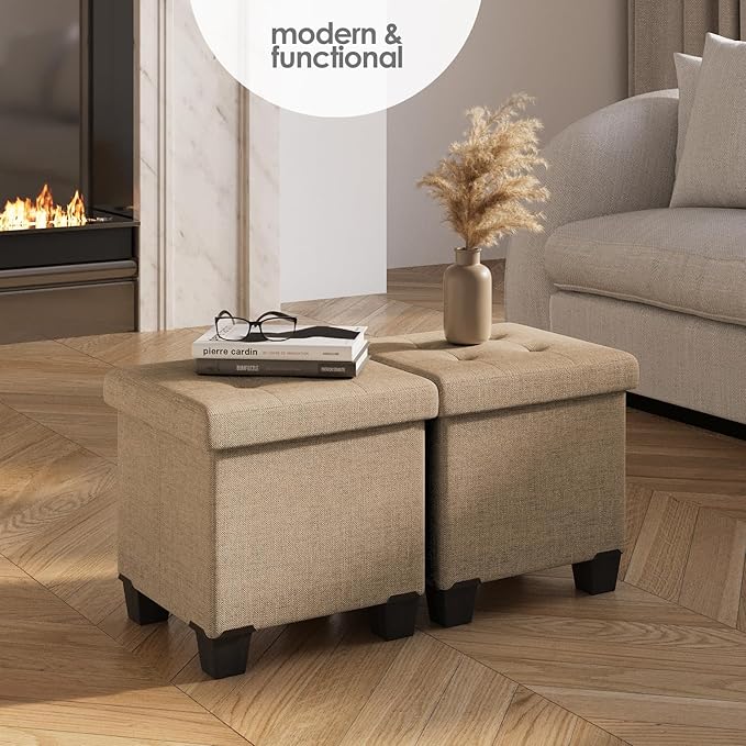 Storage Ottoman Cube with Small Bin, 16-in Square Ottoman with Storage for Living Room and Bedroom, Small Ottomans Foot Rest, Fabric Foot Stools Ottomans Max 330lbs, Taupe