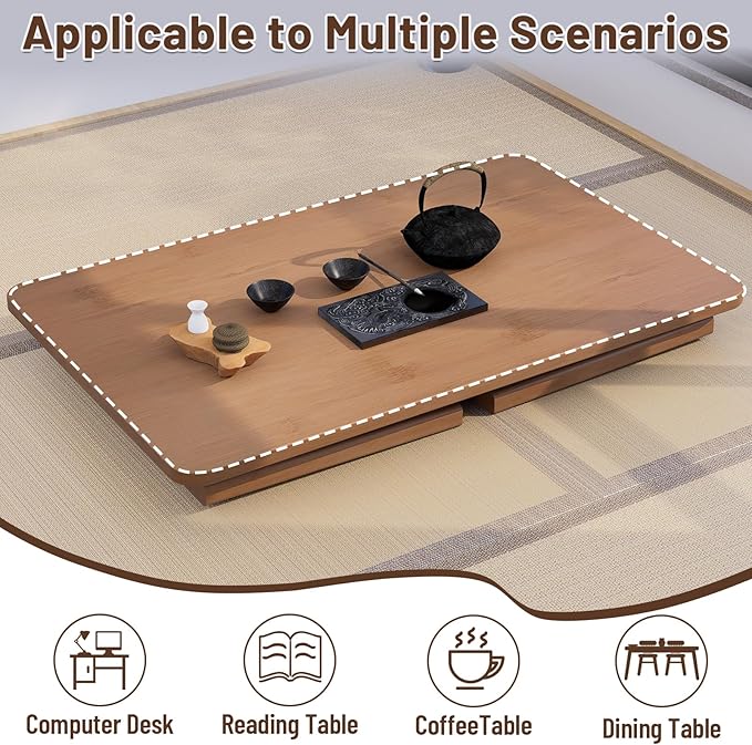 Japanese Folding Floor Coffee Table, Bamboo Foldable Low Table for Sitting On The Floor No Assembly Portable Tea Table Chabudai Table for Tatami, Bay Window, Meditation, Altar (Walnut)