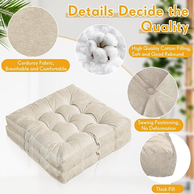 Jerify 2 Pcs Floor Pillow Cushions 22 x 22 Inch Round Square Large Meditation Floor Pillow for Classroom Adult Meditation Picnic Party Seating Learning Daycare School (Square,Beige)