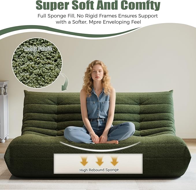 Selyteramy 3 Seat Oversized Bean Bag Chairs for Adults, Memory Foam Fireside Beanbag Couch, Comfy Bean Bag Lounger Lazy Sofa for Living Room, Bedroom, Playroom, Green