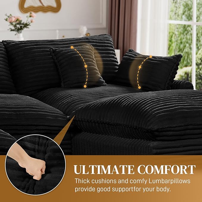 HYJT-H&K 108" U Shaped Cloud Couch Modular Black Sectional Couches for Living Room, Comfy Fluffy Corduroy Oversized Cloud Sectional Couch Large 5 Seat Sectionals Sofa Set, Black