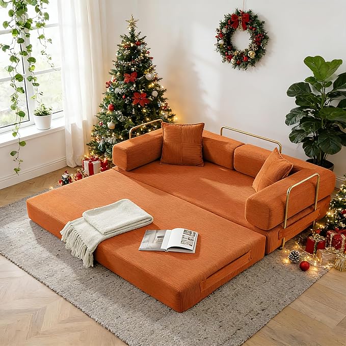 78" Convertible Sleeper Sofa Bed, Corduroy Folding Sofa Bed with Fixed-Shape Frame, Fold Out Floor Mattress Couch, Lazy Compression Sofas for Living Room, Bedroom, No Assembly Required, Orange