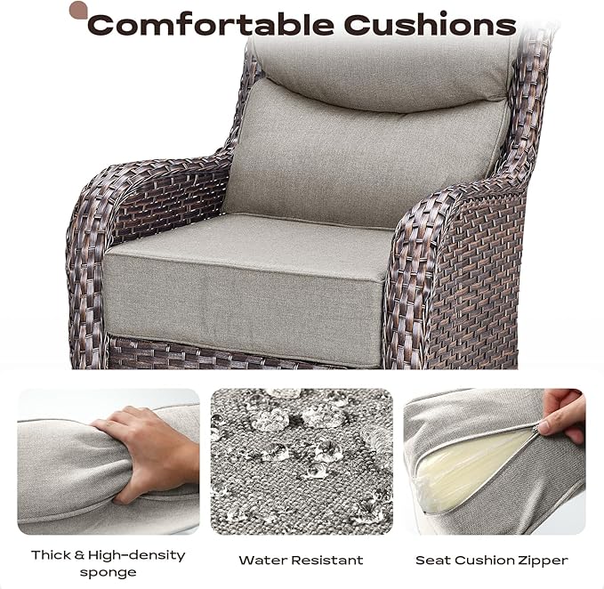 Rilyson Outdoor Swivel Rocker Chairs - All Weather Resistant Wicker Patio Furniture Set of 2 with High Back and 6 inch Thick Cushions for Deck Porch Yard and Poolside, Brown/Beige