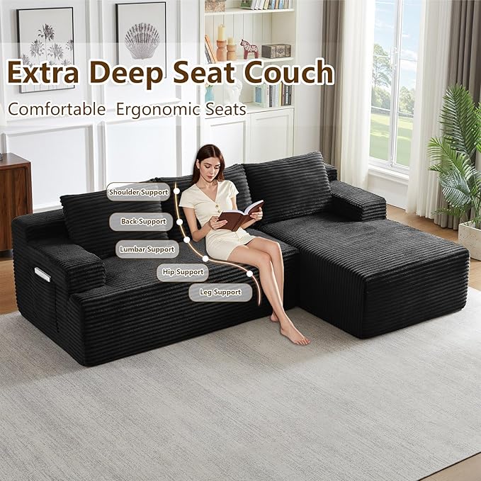 96.1" Modular Sectional Sofa Couches L-Shape Couch 3 Seat Modular Sofa Corduroy Memory Foam Sectional Boneless Couches for Living Room, Cloud Couch with Oversized Chaise(Black, Right Facing)