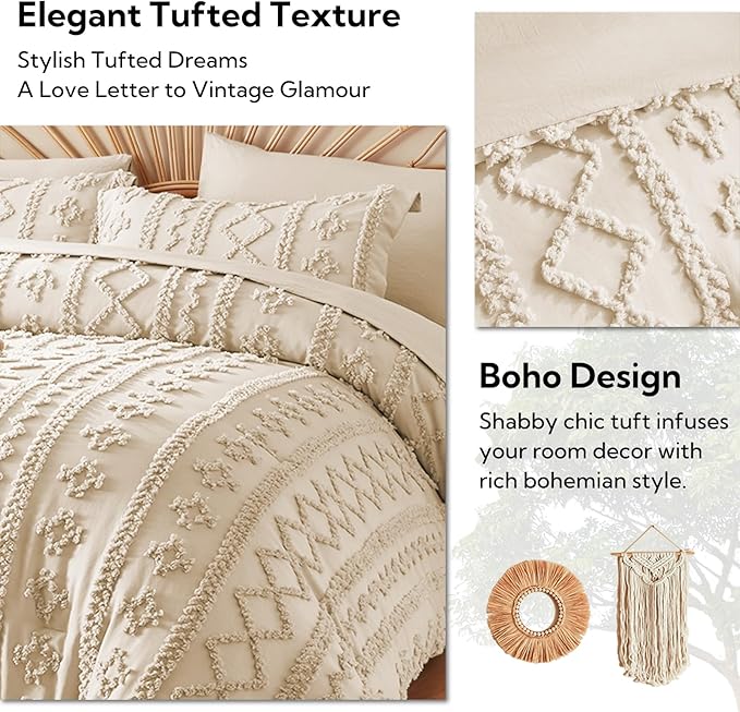 MR&HM Beige Comforter Set Queen, Tufted Boho Bedding Set, Farmhouse Bed in a Bag Set 7 Pieces with 1 Comforter, 2 Pillow Shams, 2 Pillowcases, 1 Flat Sheet, 1 Fitted Sheet for All Seasons