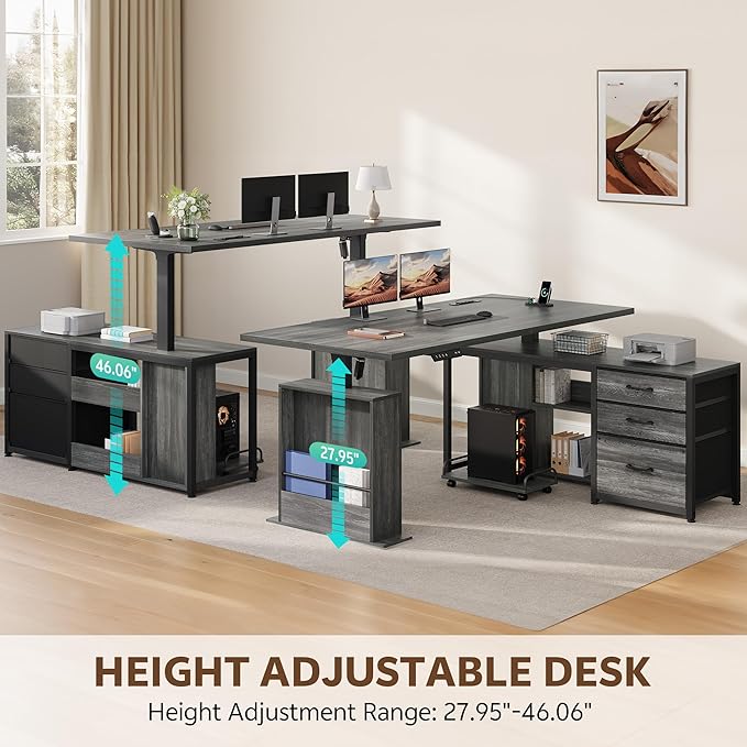 63" L Shaped Standing Desk with 3 Drawers Electric Adjustable Height Desk Corner Standing Desk with Storage Computer Game Desk with Power Outlets Computer Tower Stand for Home Office, Grey