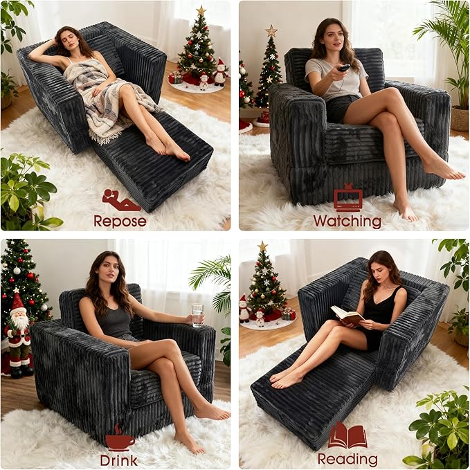 Segreto Lazy Floor Sofa for Adult Plush Lounger Armrest Bean Bag Chairs with Memory Foam Filler Ultra Soft Fluffy Large BeanBag Chair for Living Room Dorm Bedroom,Dark Grey