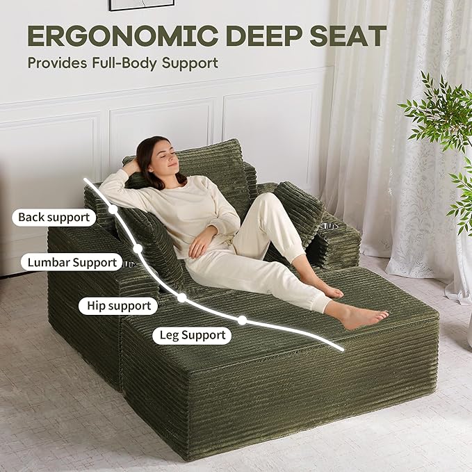 54"W Oversized Chaise Lounge Chair Indoor, Boneless Chaise Lounge Couch, Convertible Comfy Reading Chairs, Compression Sofa with Ottoman, Corduroy Sleeper Couch Chair for Living Room, Green