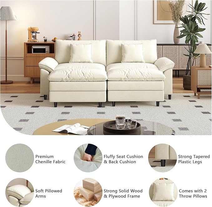 Aoowow Modular Sectional Sofa Modern Convertible Loveseat Couch,85 Inch Deep 2-Seater Sofas Comfy Chenille Cloud Sofas and Couches Set with 2 Movable Ottoman for Living Room Apartment(Beige)