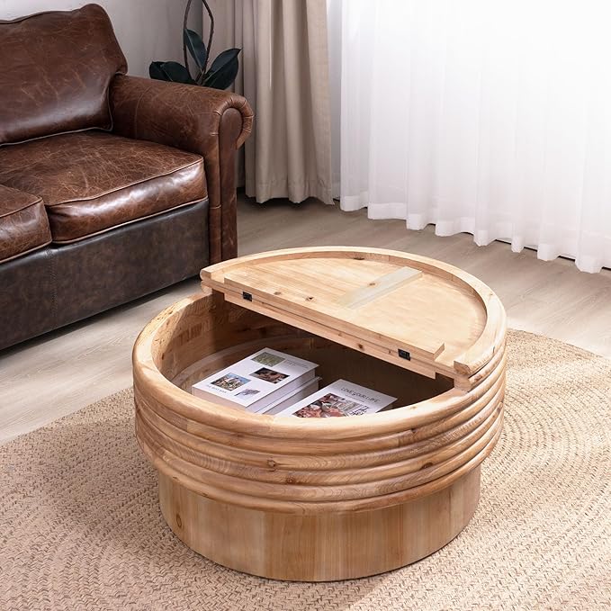 30.3" Round Wooden Coffee Table with Hidden Storage,Modern Rustic Centerpiece for Living Room,Natural Finish