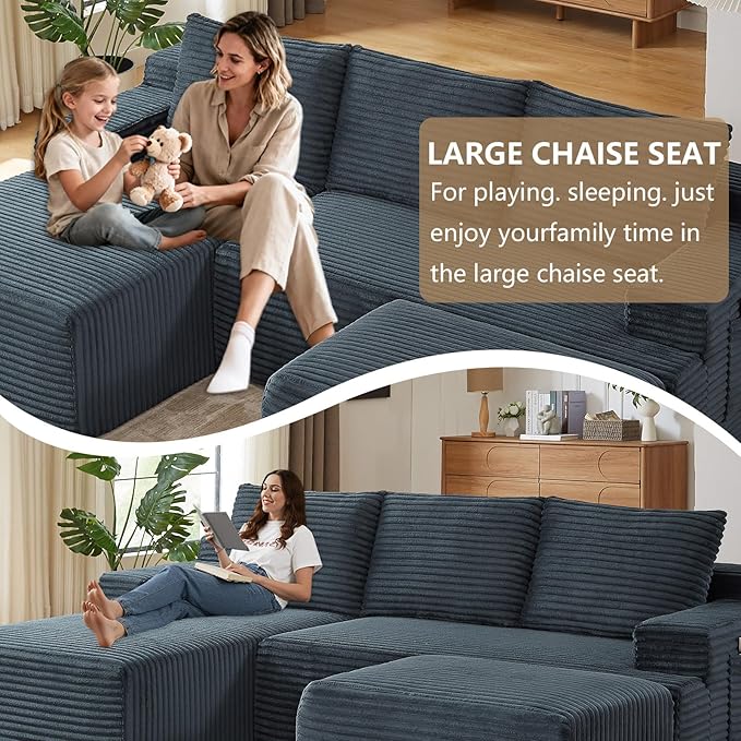 96" U-Shape Cloud Couch, Modern Modular Sectional L-Shape Sofa with Ottoman, Corduroy Upholstered Couches Deep Seat Sleeper Chaise Longue for Living Room, No Assembly Required(Dark Gray, Left Facing)