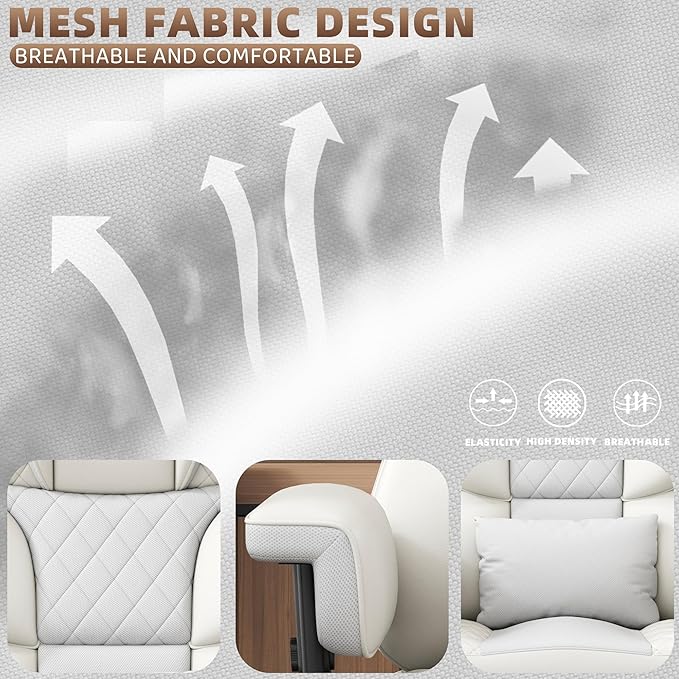 Vonesse Big and Tall Office Chair, Computer Chair with Soft Adjustable Armrests, Ergonomic Gaming Chair with Lumbar Support, Executive Chairs with Footrest (PU Leather + Mesh Fabric,Ivory White)