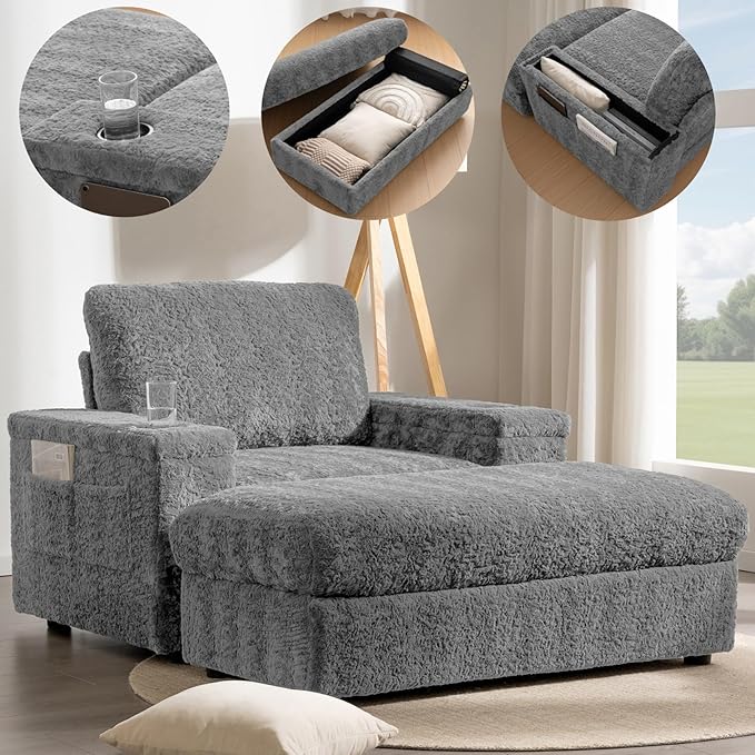 Merax Oversized Sleeper Chair with Storage Armrest & Ottoman, Cup Holders, Cloud Upholstered Chaise Lounge Recliner, Deep Seat Reading Couch Sofa Bed for Living Room Bedroom, Dark Grey