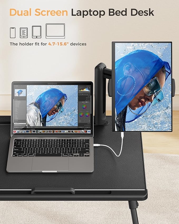 SAIJI Dual Screen Laptop Bed Desk | Foldable Adjustable Lap Desks for Adults, X-Large Couch Bed Tray Table with Portable Monitor Stand and Drawer